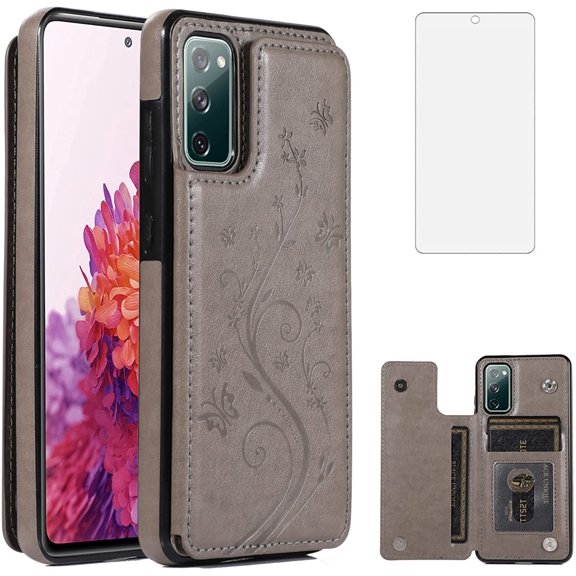 Phone Case for Samsung Galaxy S20 FE 5G/S20 Fan Edition with Tempered Glass Screen Protector Card Holder Wallet Cover Stand Flip Leather Accessories Glaxay S20FE S 20FE FEcases 2020 Women Men Gray
