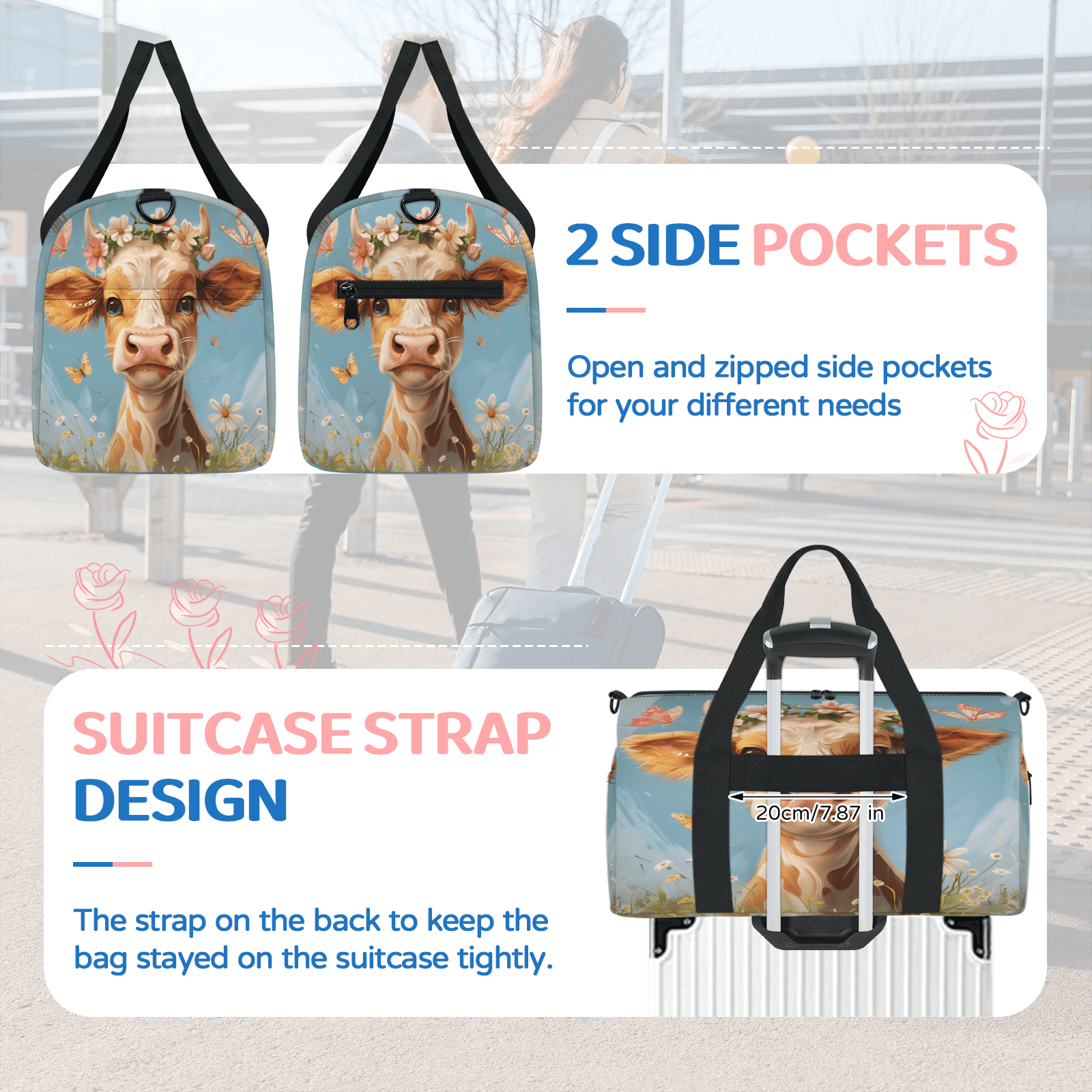 Herdesigns Cattle Cow Travel Duffle Bag Sports Yoga Weekender Overnight Carry on Workout Bags Lightweight Waterproof Gym Tote Bag for Women Watercolor Floral