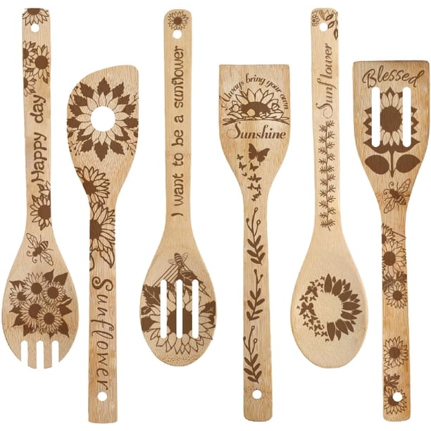 Juego de 6 cucharas de madera con diseño de girasol, vajilla de cocina con diseño de sol, feliz día, de bambú natural, para cocinar, espátulas ranuradas talladas y quemadas.