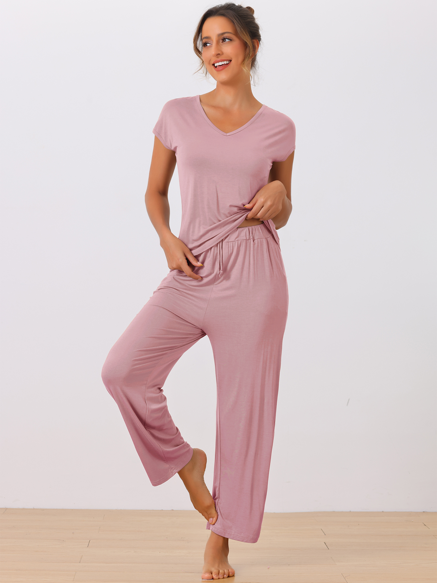 DARING DIVA Women's Short Sleeve Pajama Set Loungewear Long Pants Sweatsuit XL Pink