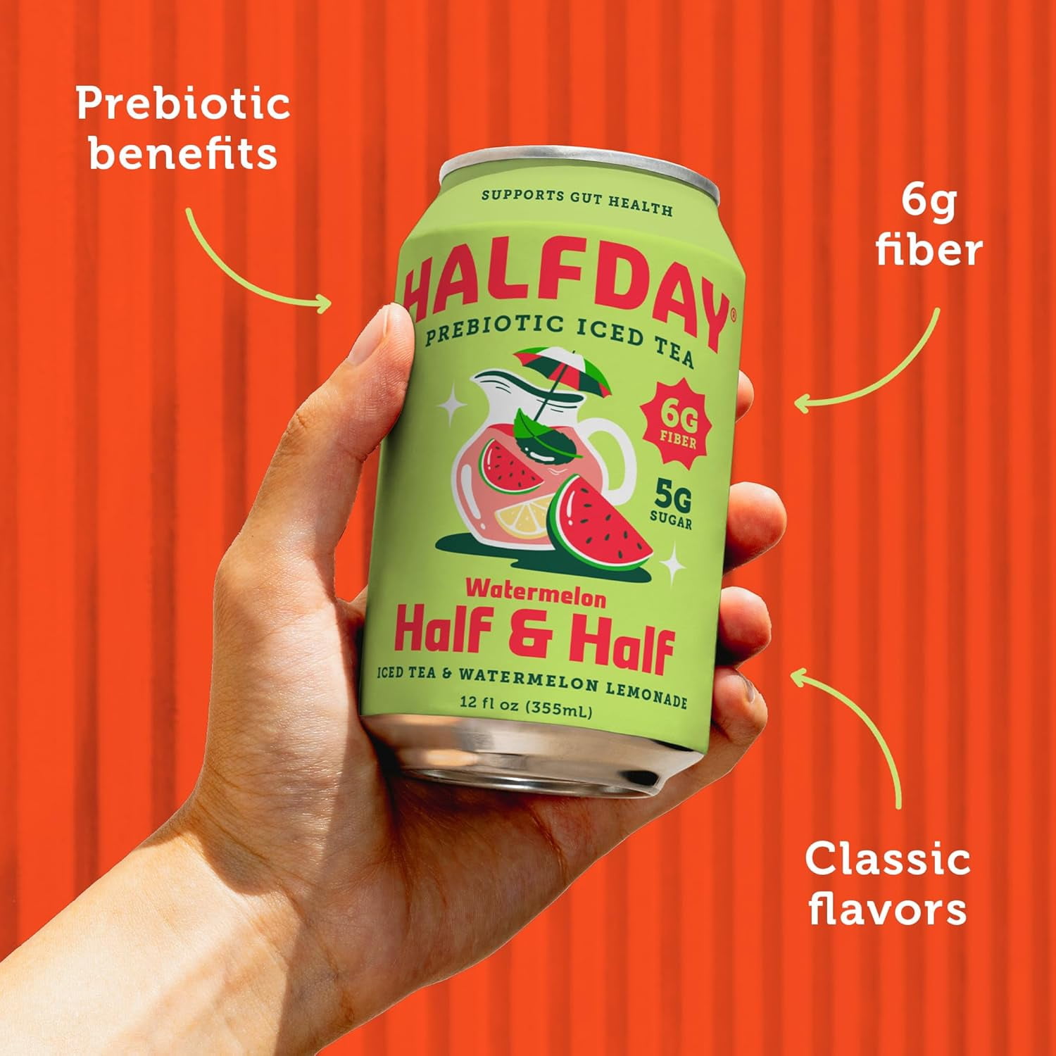 Halfday Prebiotic Watermelon Half & Half Iced Tea Drink, 6g Fiber, 12 fl oz Single Can