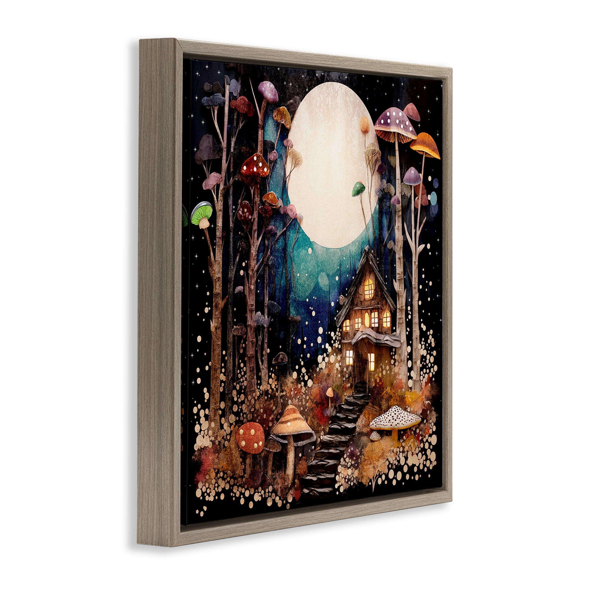 Stupell Industries Whimsical Mushroom Cottage Landscape & Nature Painting Brown Floater Framed Canvas Art Print Wall Art, 18 x 18