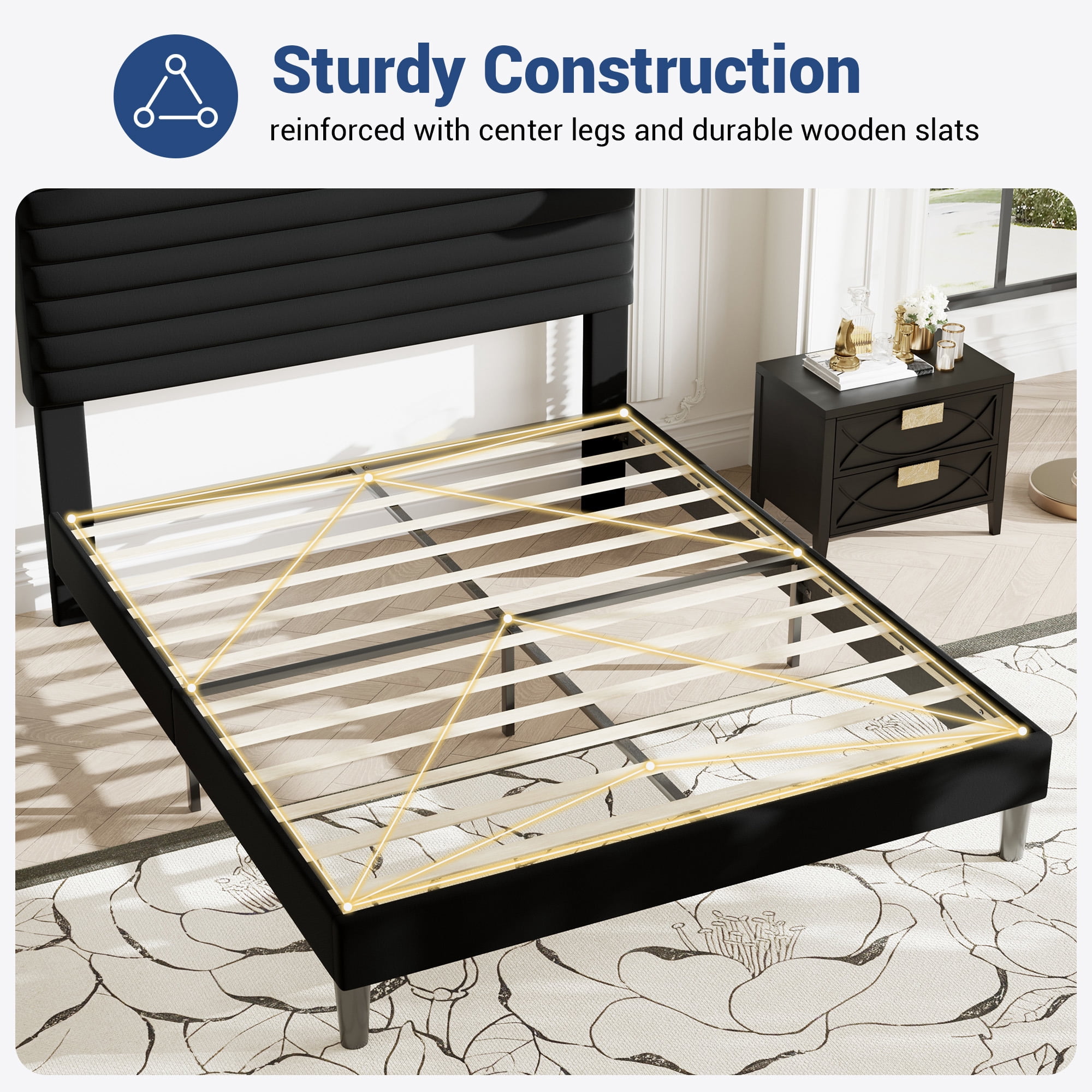 Allewie Queen Size Adjustable Headboard Bed Frame with 7.9'' Underbed Storage, No Box Spring Needed, Black