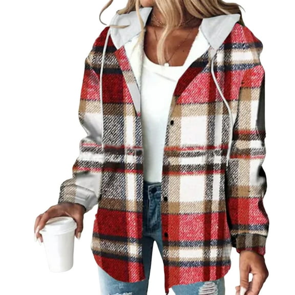 Stichou Women's Trendy Plaid Print Drawstring Outerwear Jacket, Warm Jackets For Women Casual Long Sleeve Button Down Shirts Vermilion 2XL