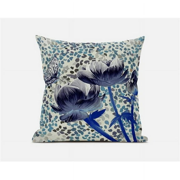 Three Roses with Butterfly Throw Pillow with Removable Cover in Gray Indigo Blue Cream 20x20