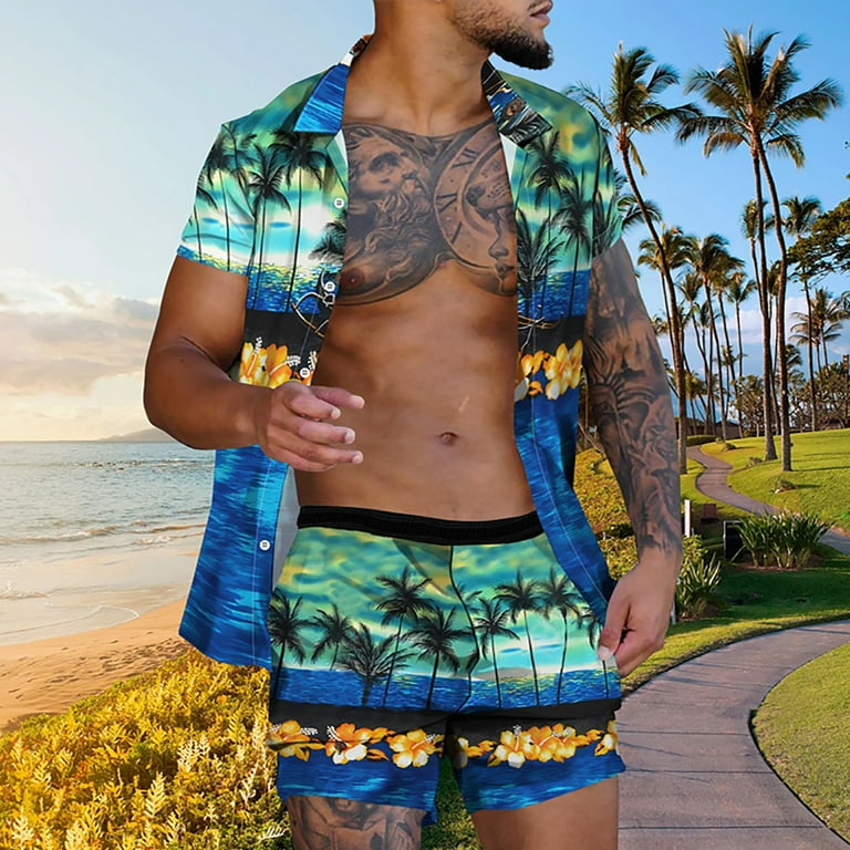 ZCFZJW Men's Hawaiian Shirts Set Casual Button Down Short Sleeve Sunset  Palm Tree Printed Shorts Summer Beach Tropical Flower Shirt Suits Green  XXXL 