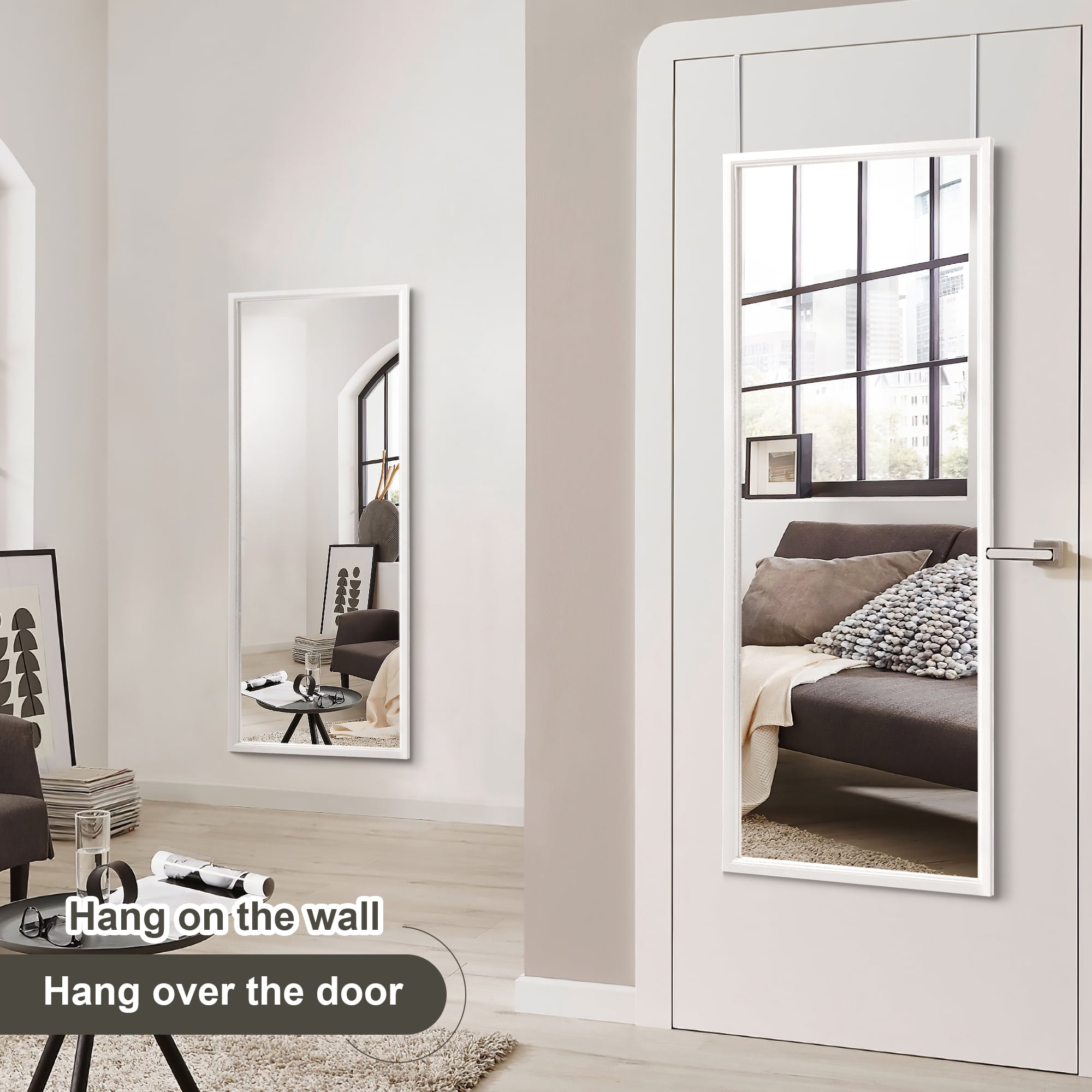Over The Door Mirror Full Length, 51"x18" Door Mirror Full Length with Wood Frame, Full Length Mirror Over The Door with 2 Hangers Removeble, Hanging Mirror for Door or Wall Mounted Mirror