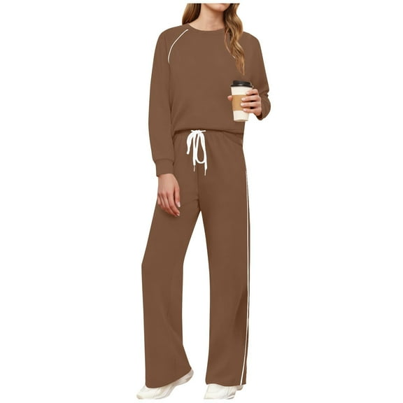 FRSASU Womens 2 Piece Outfits Lounge Sets Long Sleeve Round Neck Pullover Tops Elastic Wide Leg Pants Set Sweatsuits Tracksuit Coffee