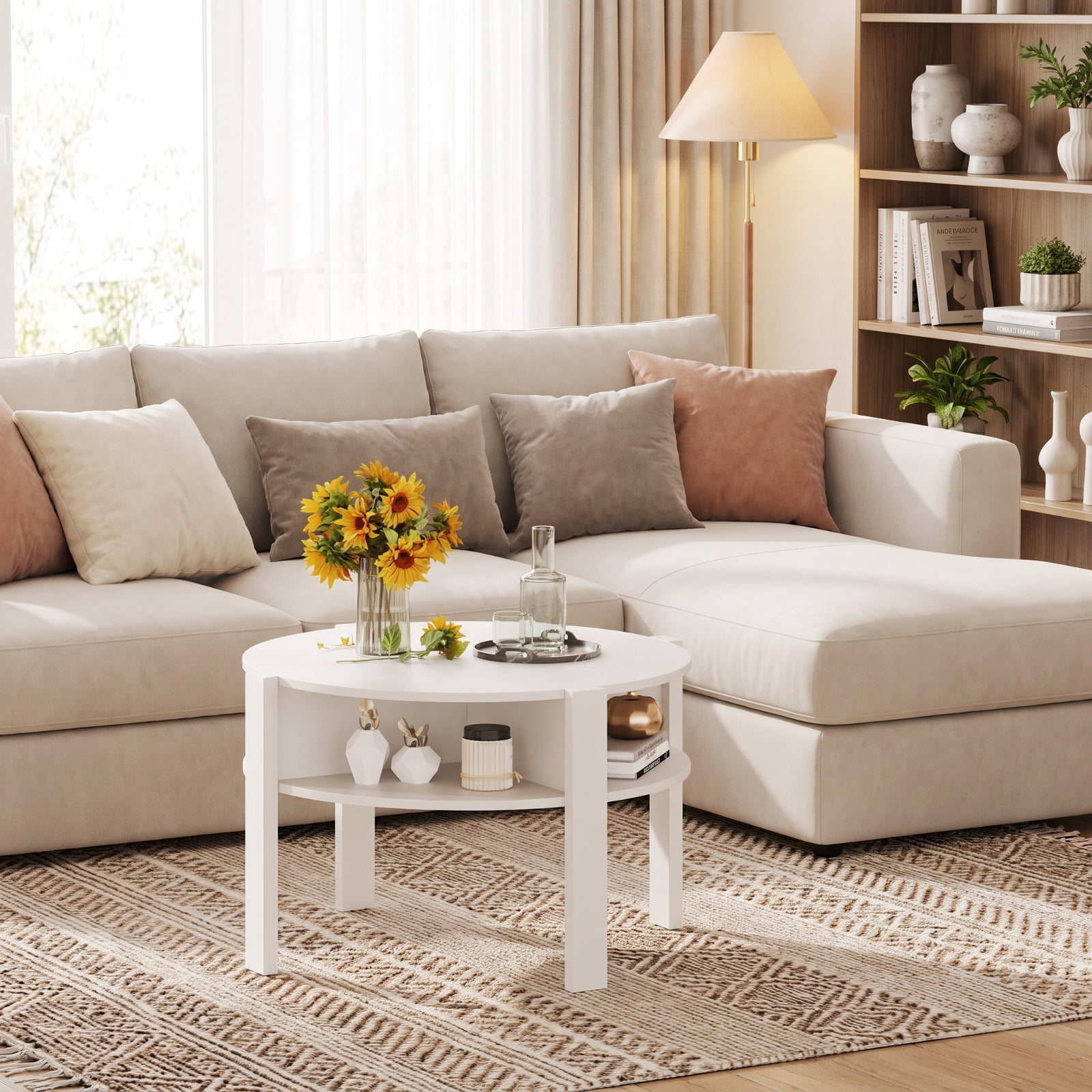 Furnibear 29.5 Inch Round Coffee Table with Side Storage Shelves and Open Base a Compact Living Room Center Table for Small Spaces, White