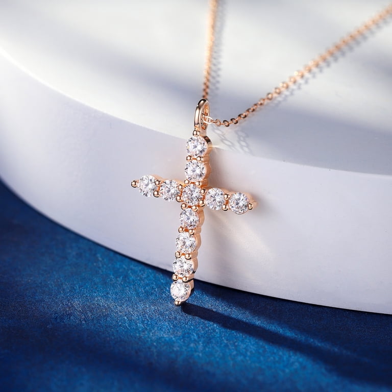 Dainty Cross Crown Necklace For Women – Silver Cubic Zirconia Pendant, 14K Gold Plated