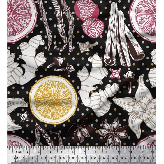 Soimoi Black Cotton Duck Fabric Spices,Ginger & Lemon Slice Vegetable Print Sewing Fabric Yard 42 Inch Wide