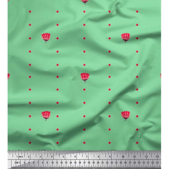 Soimoi Green Cotton Voile Fabric Artistic Flower & Dots Print Fabric by Yard 42 Inch Wide
