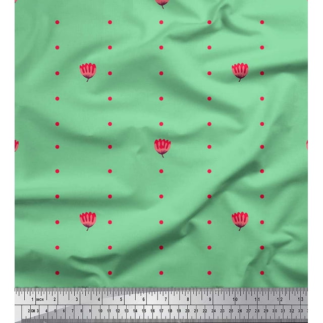 Soimoi Green polyester Crepe Fabric Artistic Flower & Dots Decor Fabric Printed Yard 52 Inch Wide