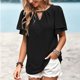thumbnail image 2 of Camiseta informal con cuello en V para mujer, mangas con volantes, costuras de encaje ahuecadas, tipo suelto, informal, para verano, negro, S, 2 of 6