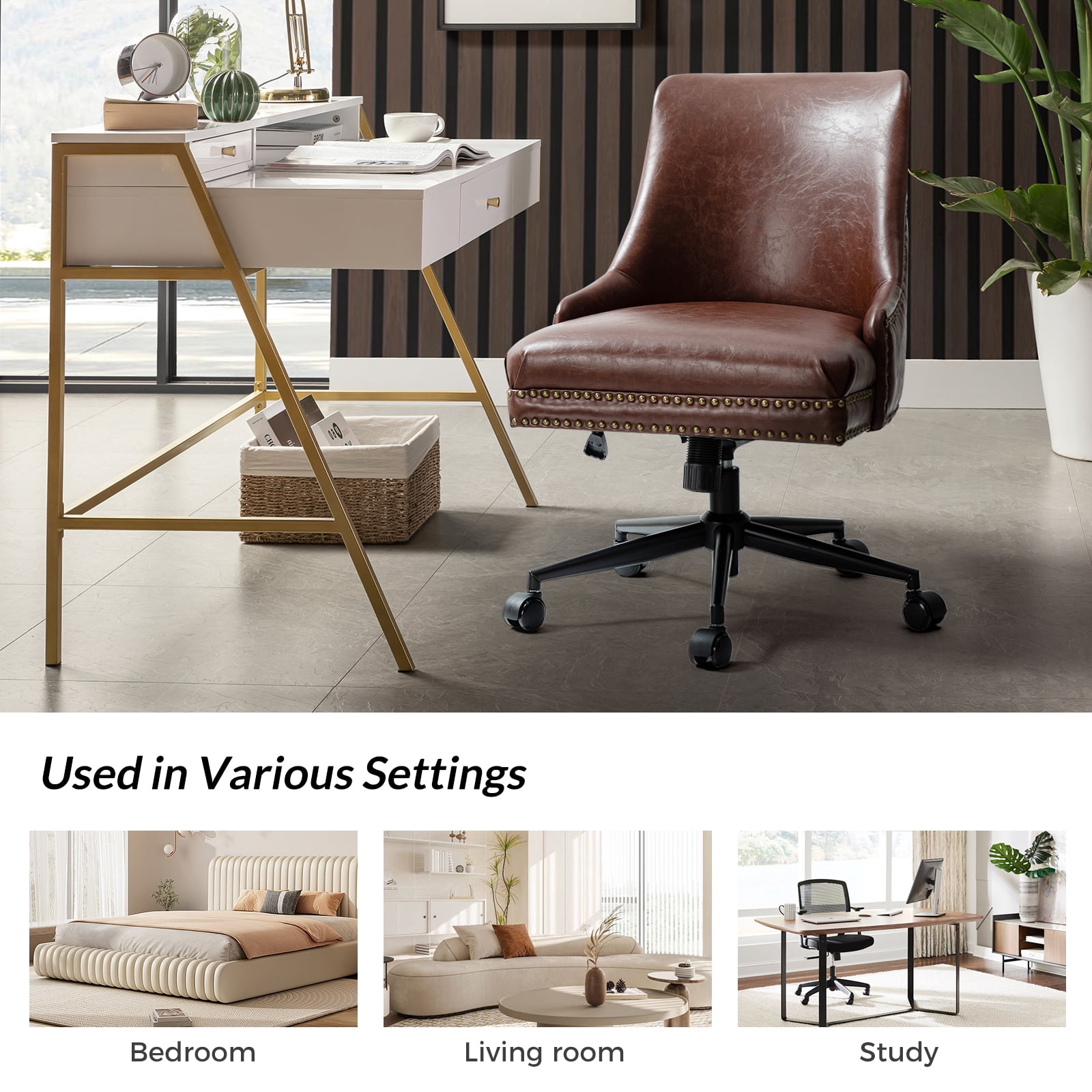 Vegan Leather Task Chair Swivel Home Office Chair Height Adjustable Mid-back Upholstered Nailhead Trim Bedroom Brown