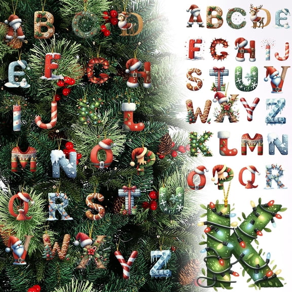 kcavykas Christmas Stockings 26PC Holiday Christmas Letter Ornaments Alphabet DIY Acrylic 2D Flat Hanging Pendants With 26 English Letters Red and Gold Striped Personalized Tree Decorations Xmas