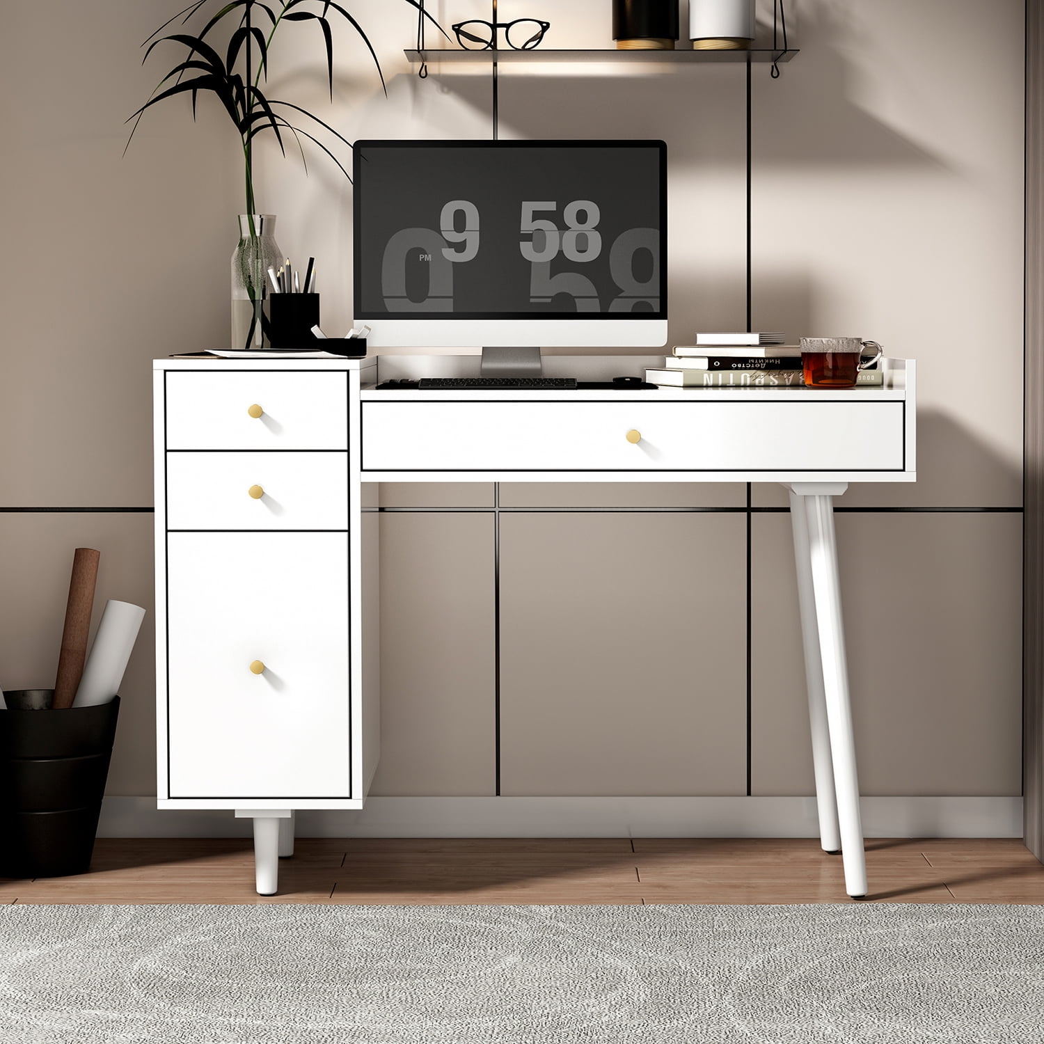 Private Jungle 42 Inch Writing Desk,Modern 3 drawer and 1 door Home Office Storage Cabinet,White Private Jungle 42 Inch Writing Desk,Modern 3 drawer and 1 door Home Office Storage Cabinet,White