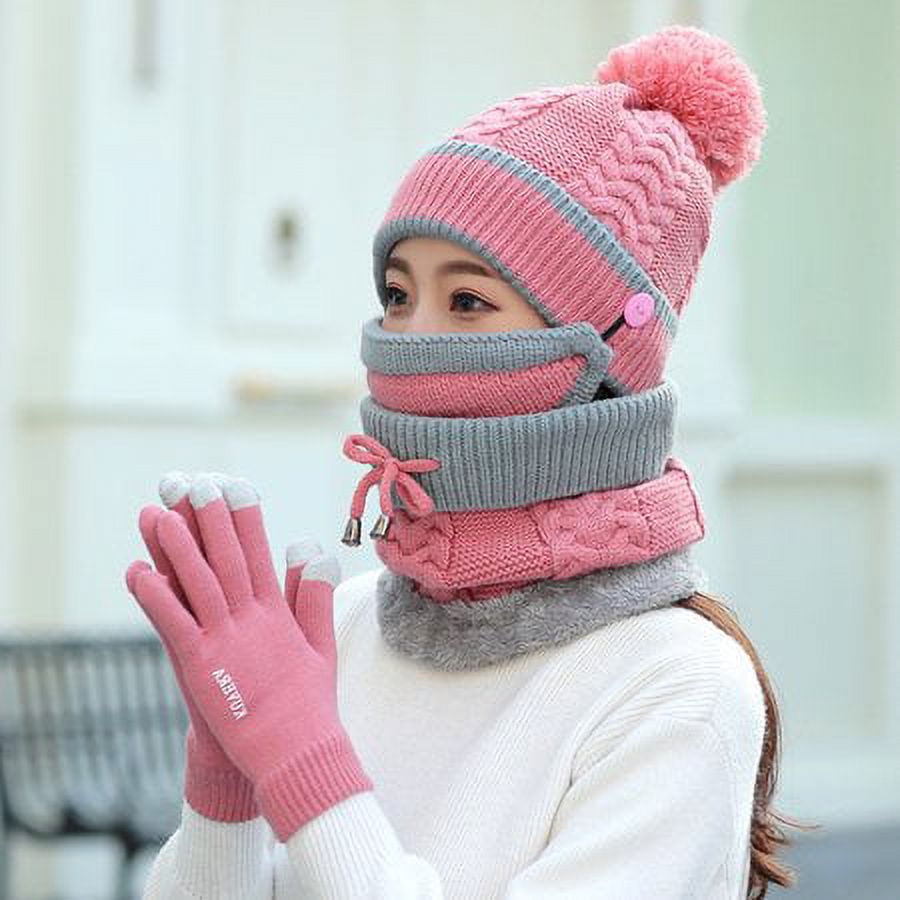 ★AMES-WORLDWIDE★HAIRY KNIT GLOVES & MUFFLER SET PINK★人気 Hat Scarf Set, 4 in 1 Winter Scarf Mask Gloves Set, Hat with