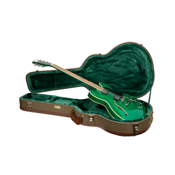 Crossrock Master Series-Wooden 335 Style 6-string Semi-Hollow Electric Guitar Case-Security Lock, Genuine Leather Handle, Reinforced Hardware, Metal Feet, Storage Space- Olive Green Tweed