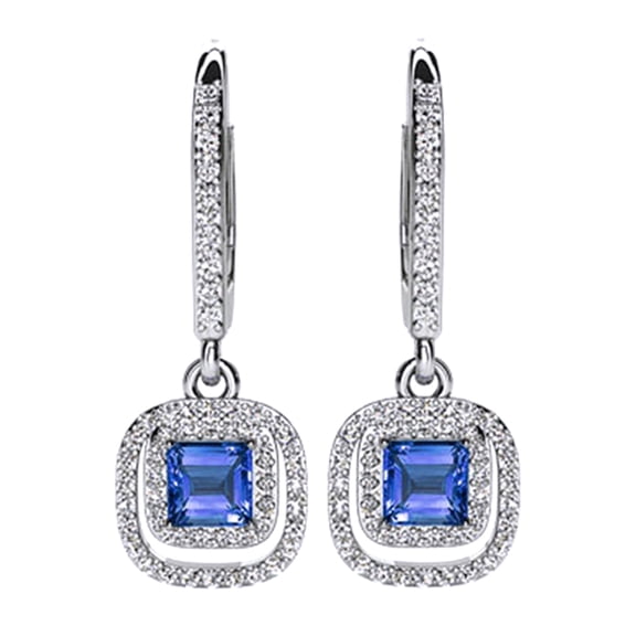 AFFY Princess Cut Simulated Blue Sapphire With Natural Diamond Double Halo Drop Earrings In 14K Solid White Gold (1.06 Ct)