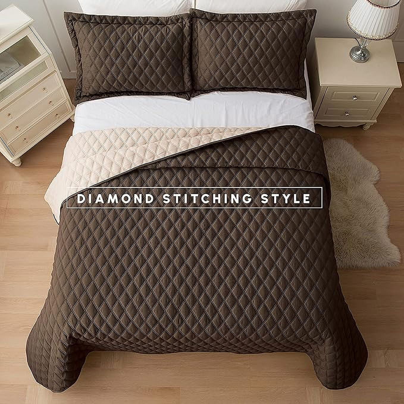 Elegant Comfort 3-Piece Quilted Reversible Bedspread Coverlet Set with Pillow Shams, Exquisite Diamond Stitching All Season Heavy Weight - Ultra Soft Premium Quilt- Twin XL, Brown/Cream