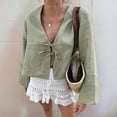 thumbnail image 4 of Tie Front Tops for Women Y2K Linen Shirts Flare Sleeve V Neck Going Out Clothes Casual Lace Up Blouses Green L, 4 of 7