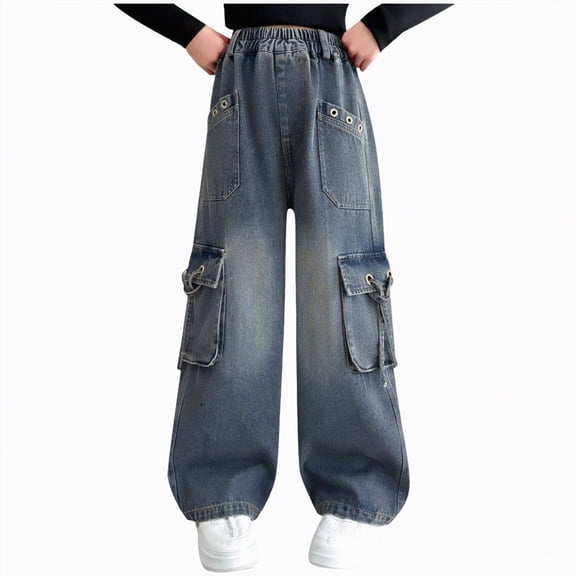 kpoplk Girls Jeans Baggy Wide Leg Cute Teen Denim Pants Junior Mid Rise Elastic Band with Pockets Casual Clothes(Blue,9-10 Y)