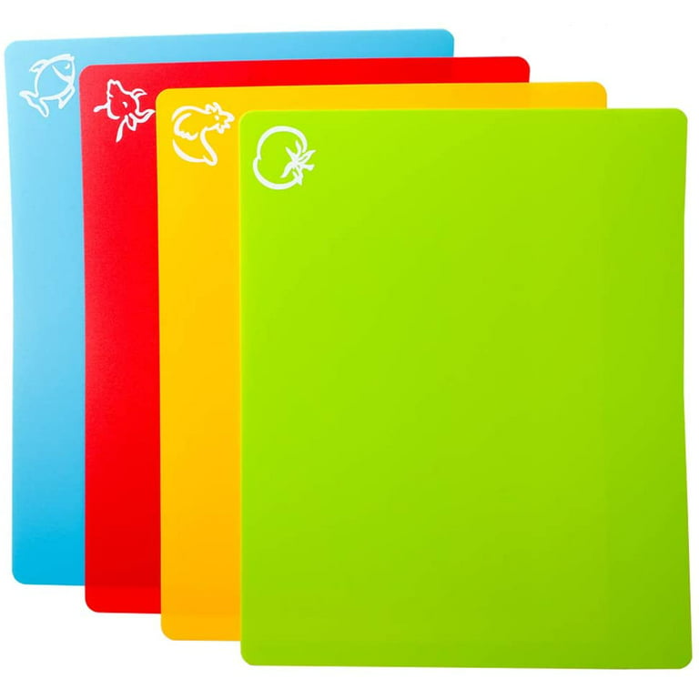 Carrollar Flexible Plastic Cutting Board Mats, Colored Mats with Food Icons, BPA-Free, Non-Porous, Gripped Back and Dishwasher Safe, Set of 4