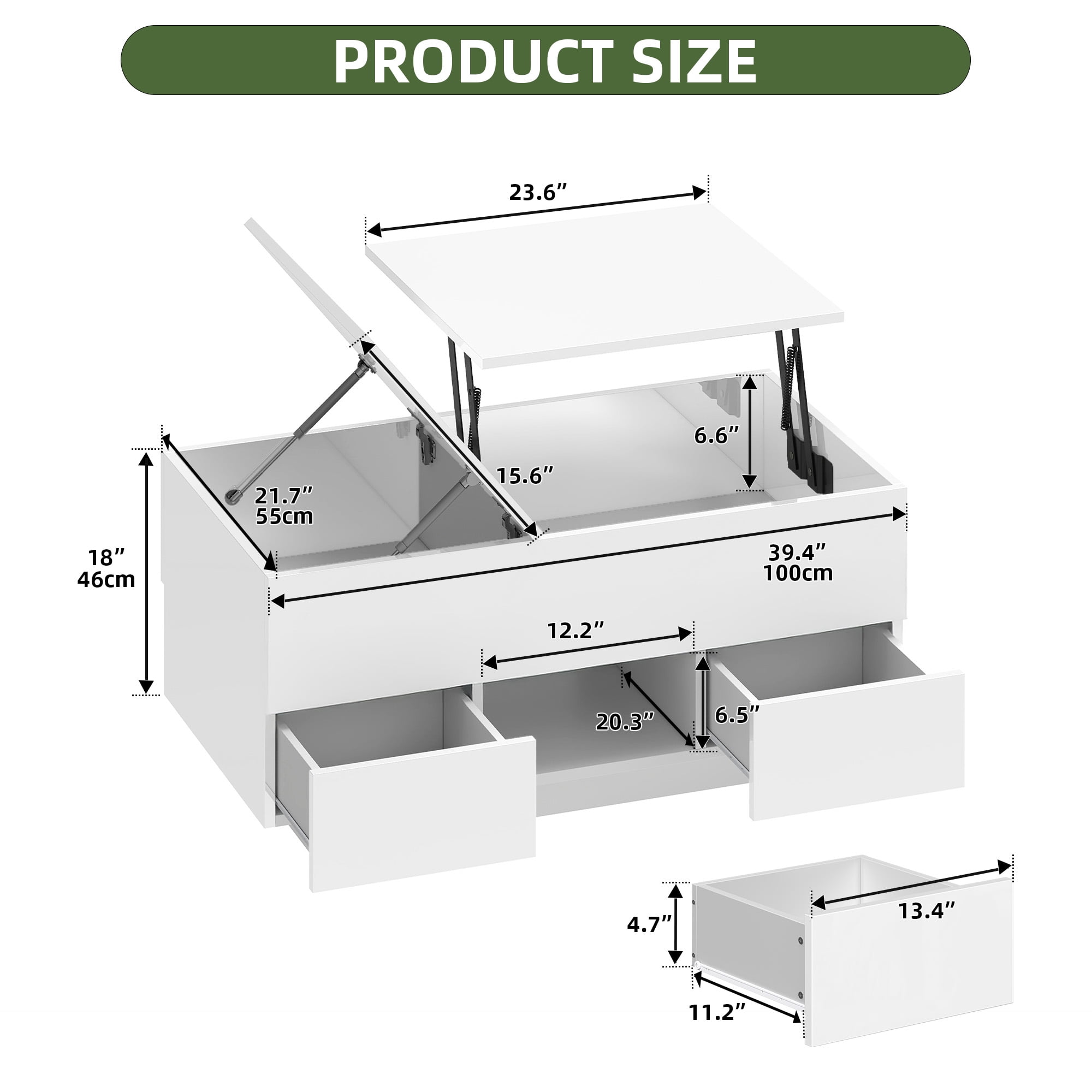 Uforic Lift Top Table with Drawers & LED Lights, High Gloss Coffee Table with Power Outlets, White