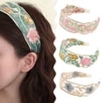 thumbnail image 2 of Xinwanna Mesh Yarn Wide Headband Retro Embroidery Flower Pattern Hair Hoop Soft Elastic Headband Hair Accessory (Pink), 2 of 13