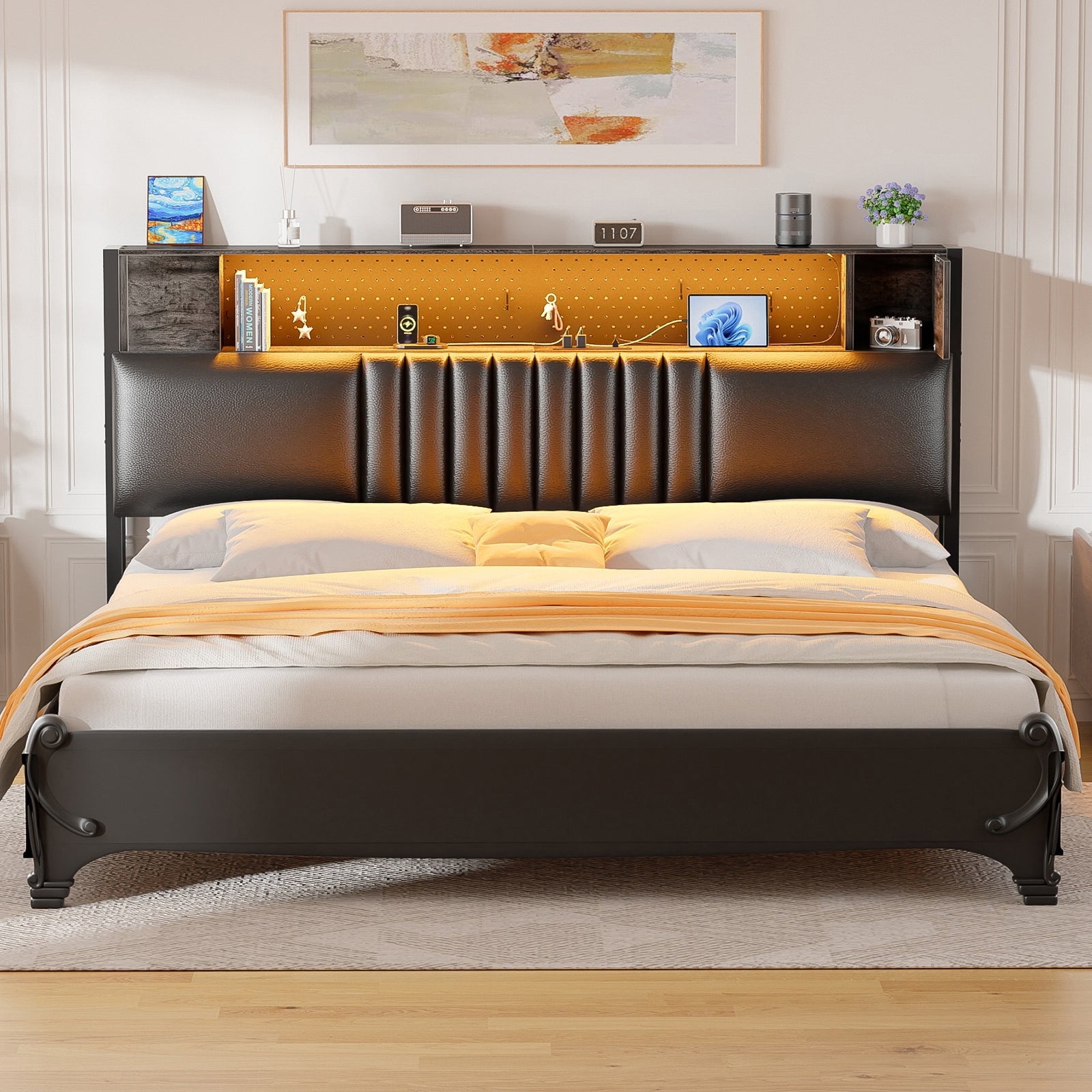 iSunirm Upholstered Headboard for Queen Size Bed Frame with Storage Cabinet & Shelf, Queen Headboard with Outlets and RGB LED Light, for Bedroom/Dorm Room, 40.1"W x 6.3"D x 43.3"H, Black Oak