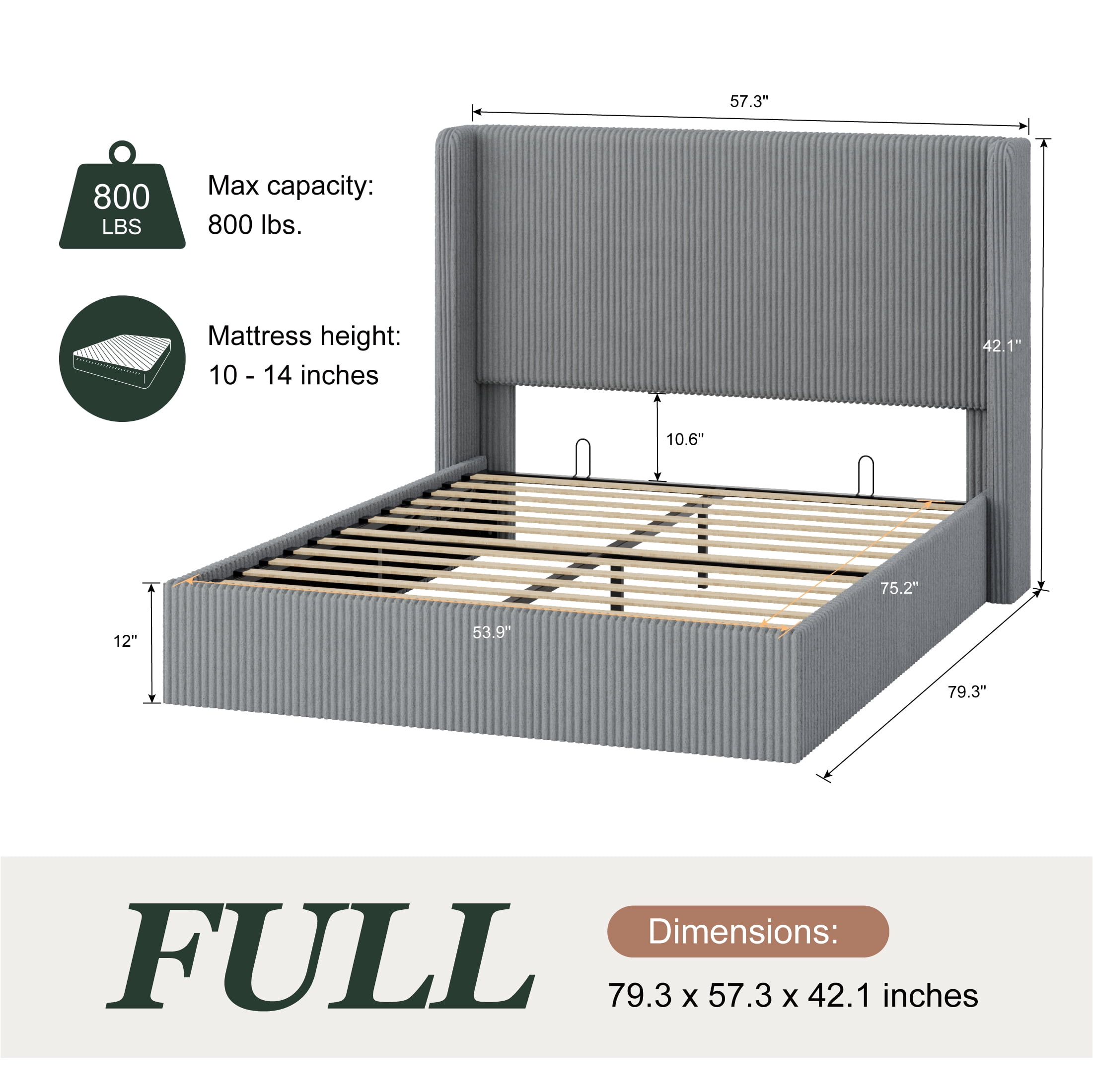 Amolife Full size Hydraulic Lift Storage Bed Frame with Wingback Headboard, Corduroy Upholstery, Gray