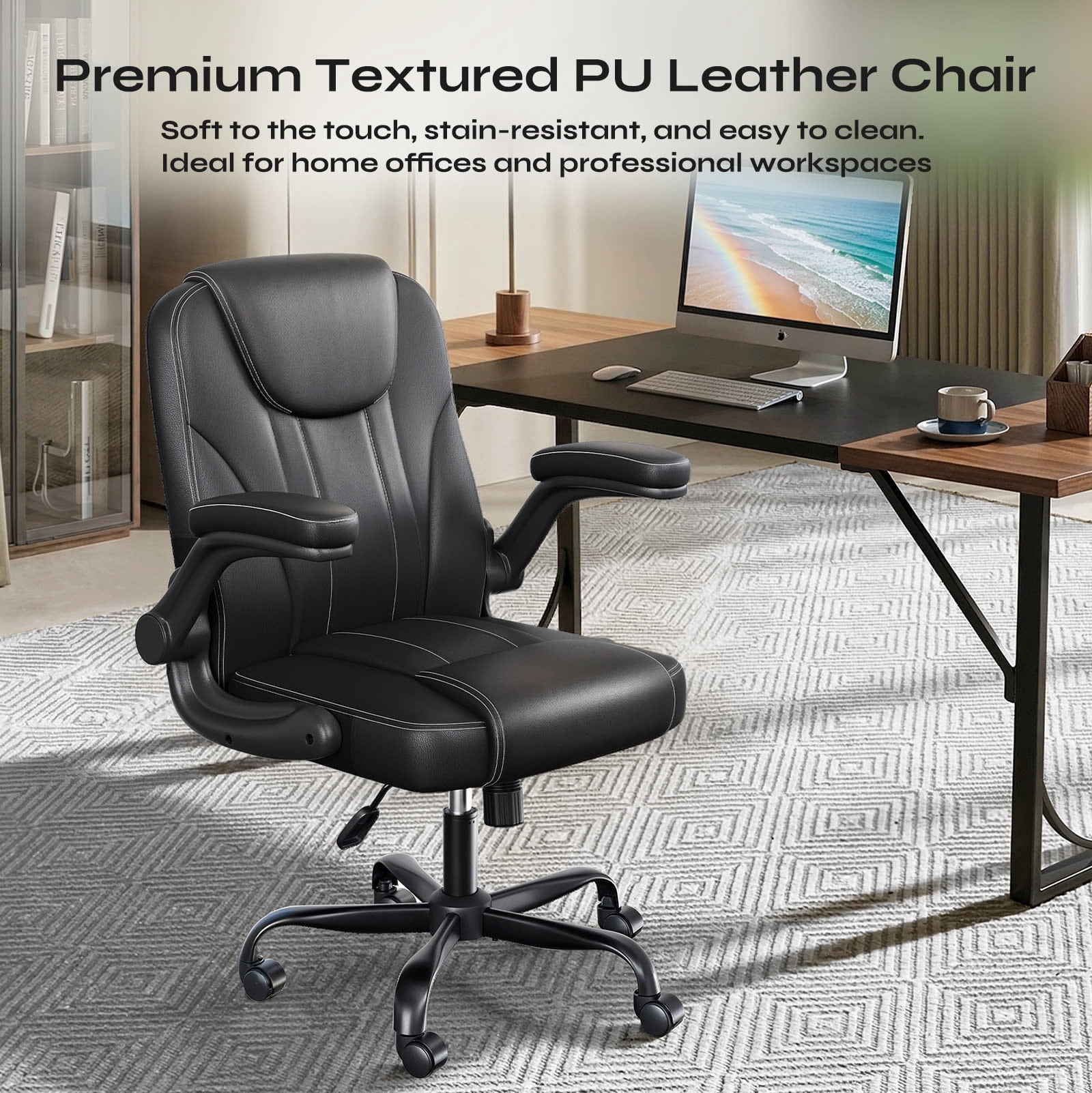 Pinmoco Ergonomic PU Leather Office Chair, High Back Executive Computer Desk Chair with Double-Layer Cushion, Swivel Gaming Chair with Wheels and Flip-Up Armrests, Black