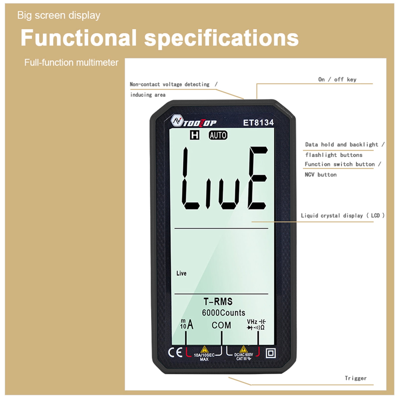 Portable 4.7 Inch LCD Screen 4.7 ET8134 Portable 4.7 Inch LCD Screen Multimeter Direct Current Voltage Current AC Voltage Current Measurement Capacitance Resistance Measuring Multifunction Multimeter