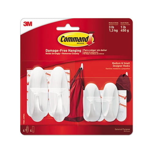 General Purpose Designer Hooks Small/Medium, 3 lb Cap, White, 4 Hooks and 4 Strips/Pack
