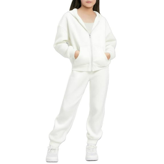 Erwazi Kids Girls 2 Piece Athletic Outfit Sets Toddlers Valentines Zip Up Hoodies Elastic Waist Jogger Pants 2Pcs Sweatsuits Fall Winter Clothing Set, White, 12-13 Years