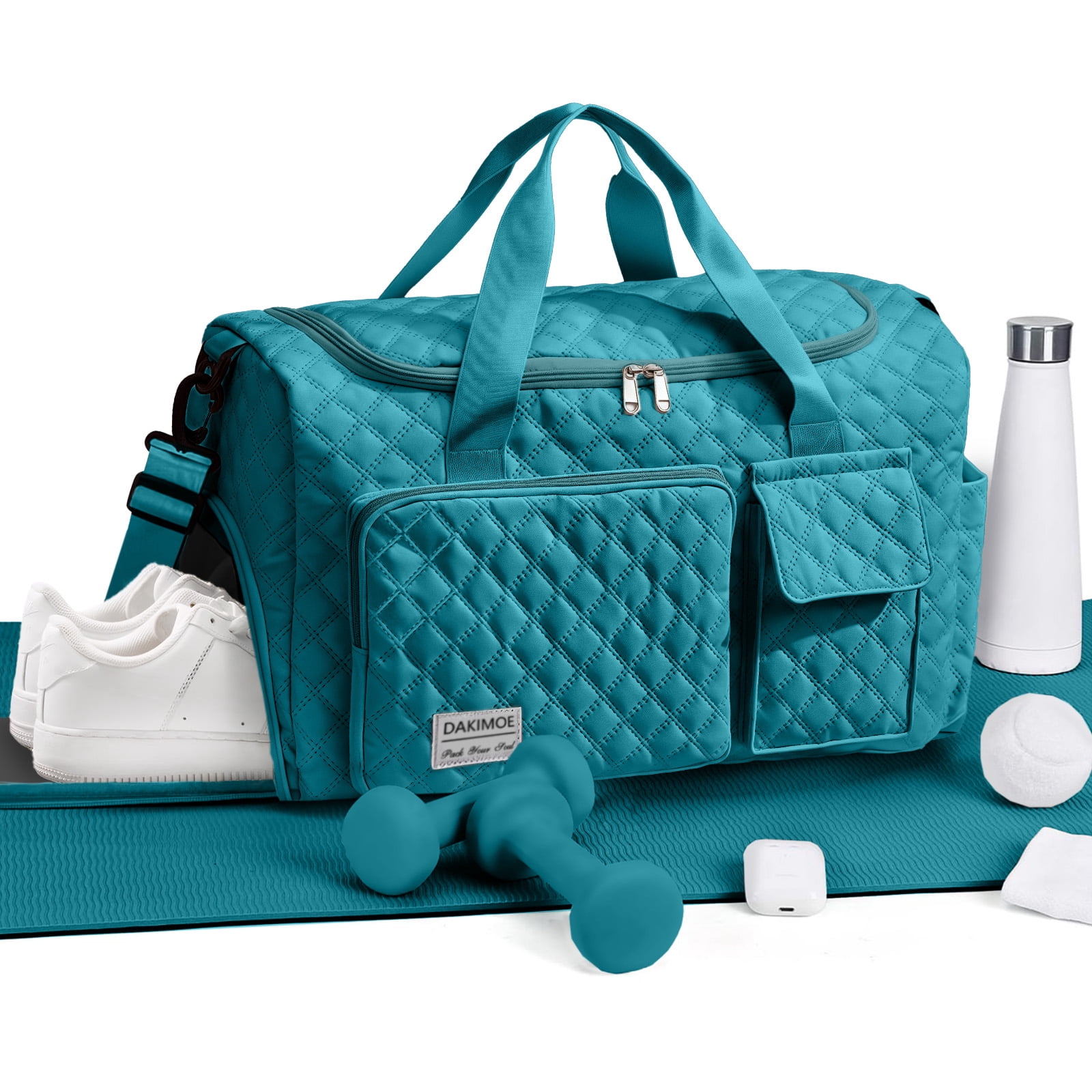 DAKIMOE Travel Duffle Bag for Women Men, Weekender Overnight Bags Carry on Gym Bag with Wet Pocket/Adjustable Strap/Shoe Compartment, Foldable Waterproof Duffel Tote for Plane Sports Dance, Blue