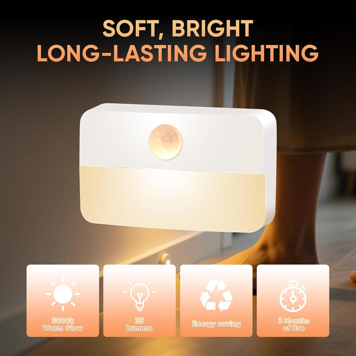 6 Pack Motion Sensor Night Light for Indoor:Battery Operated Stair Lights LED 3000k Step Lights - Motion Sensor Lamp for Cabinet Closet Hallway Bedroom Stairs (Battery Powered)