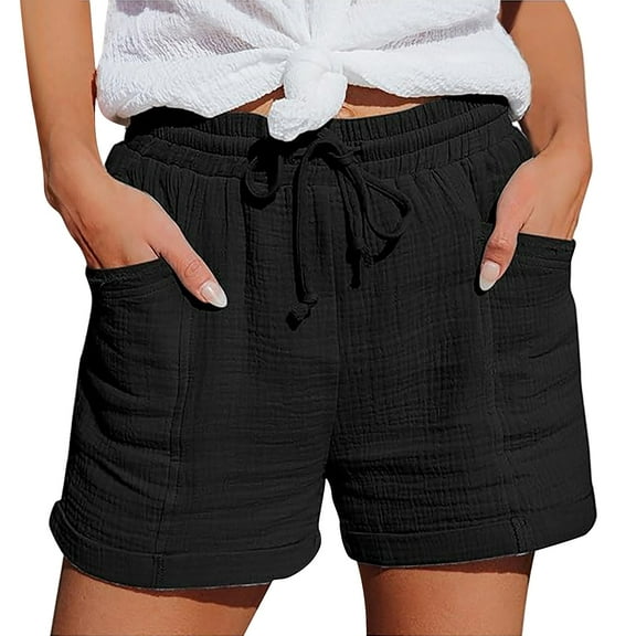 Comdrip Shorts Linen Women, Women's Fashion Casual High Waist Pants Straight Leg Sports Casual Loose Shorts Womens Cotton Shorts with Pockets Black L