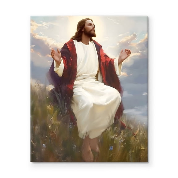 P&L Art Framed Canvas Wall Art - 20"x24" Tender Open-Armed Jesus in Grassy Field - Faith-Focused Decor for Home Family Space Focal Point