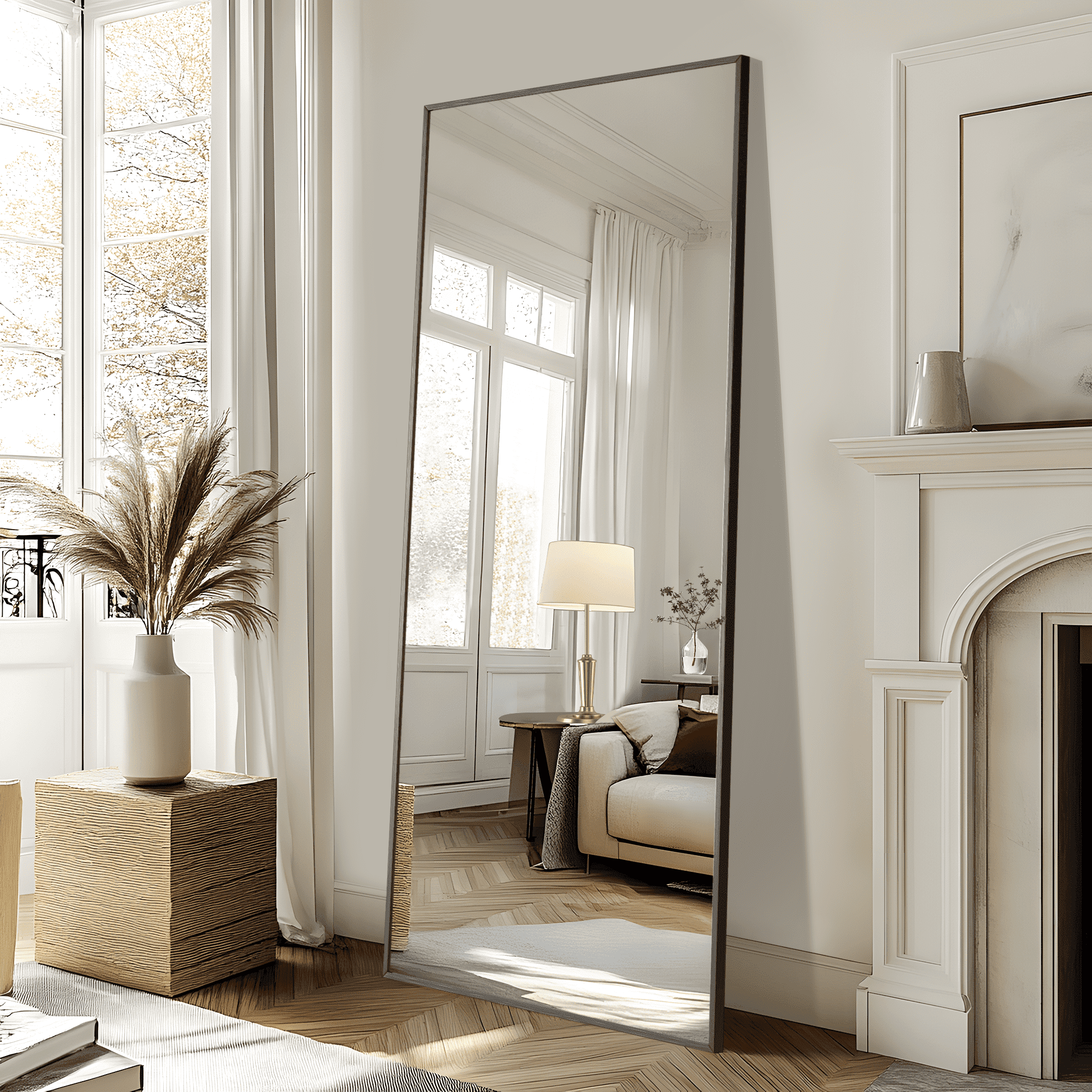 MAYEERTY 71*32*0.5in Full Body Mirror for Bedroom, Aluminum Frame, Right-Angle Rect with Stand, Black
