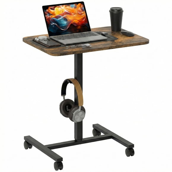 Height Adjustable Standing Desk with Gas Lift, 28"x18.9" Portable Laptop Table with Wheels and Headphone Hook, Rustic Brown Metal & Particleboard Desk for Office, Bed or Sofa