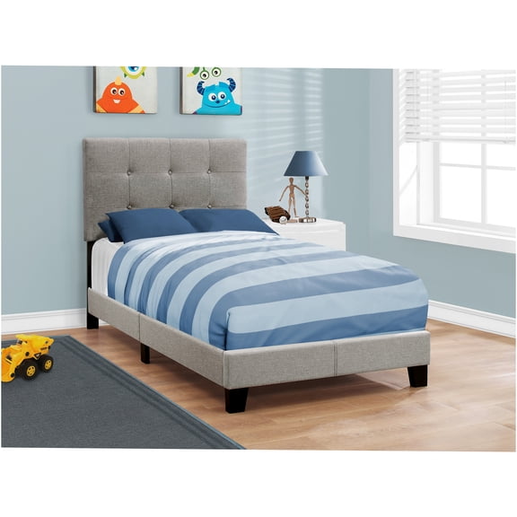JERFIT Twin Size Upholstered Platform Bed Frame with Tufted Headboard, Grey Linen Fabric, Modern Bedroom Design for Small Spaces
