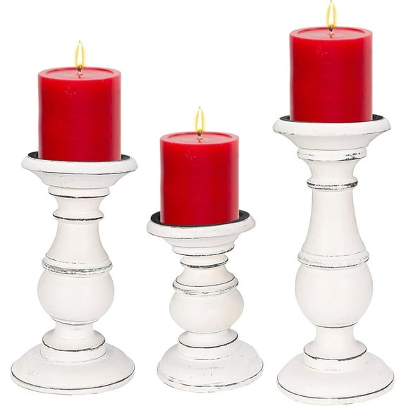 The Wooden Town Wooden Pillar Candle Holders –Set of 3 Antique White Finish – Rustic Home Décor for Weddings, Parties, Spa, Aromatherapy – 10", 8", 6" Heights – Ideal Gift Set