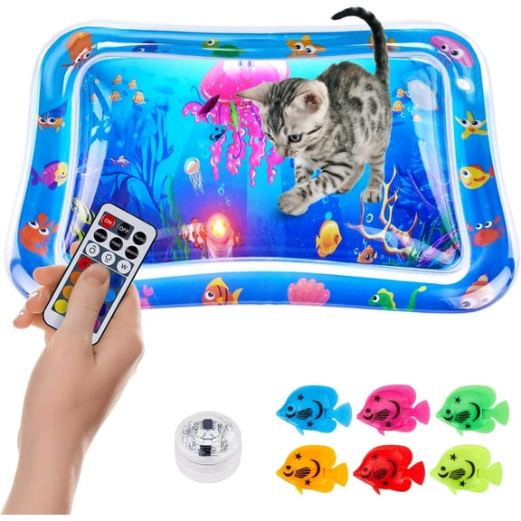 New Multi-Color Lighted Cat Water Mat,Thickened Anti-Scratch Leak Proof Cat Water Sensor Play Mat with Floating Fish,Interactive Cat Toy for Indoor Cats to Swatting,Exercise,Hunting,Kitten Toys