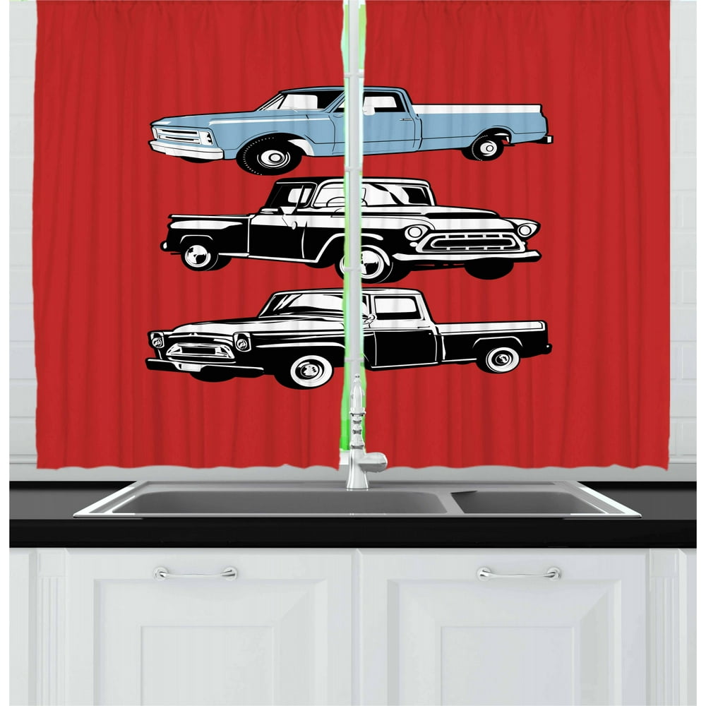 Truck Curtains 2 Panels Set, Vintage Pickup Vehicle Designs on Abstract Ruby Background Inner