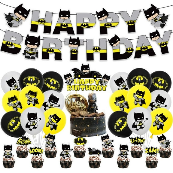 Batman Theme Superheroe style Birthday Decoration Kits，Party Supplies for Kids，Including Banner, Balloons, Cake Toppers, Cupcake Toppers.