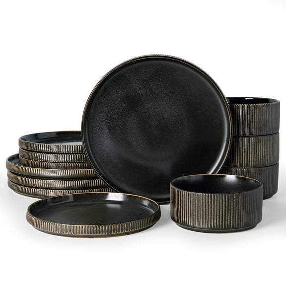 Famiware 12-Piece Stoneware Dinnerware Set, Microwave & Dishwasher Safe - Service for 4, Black Gold