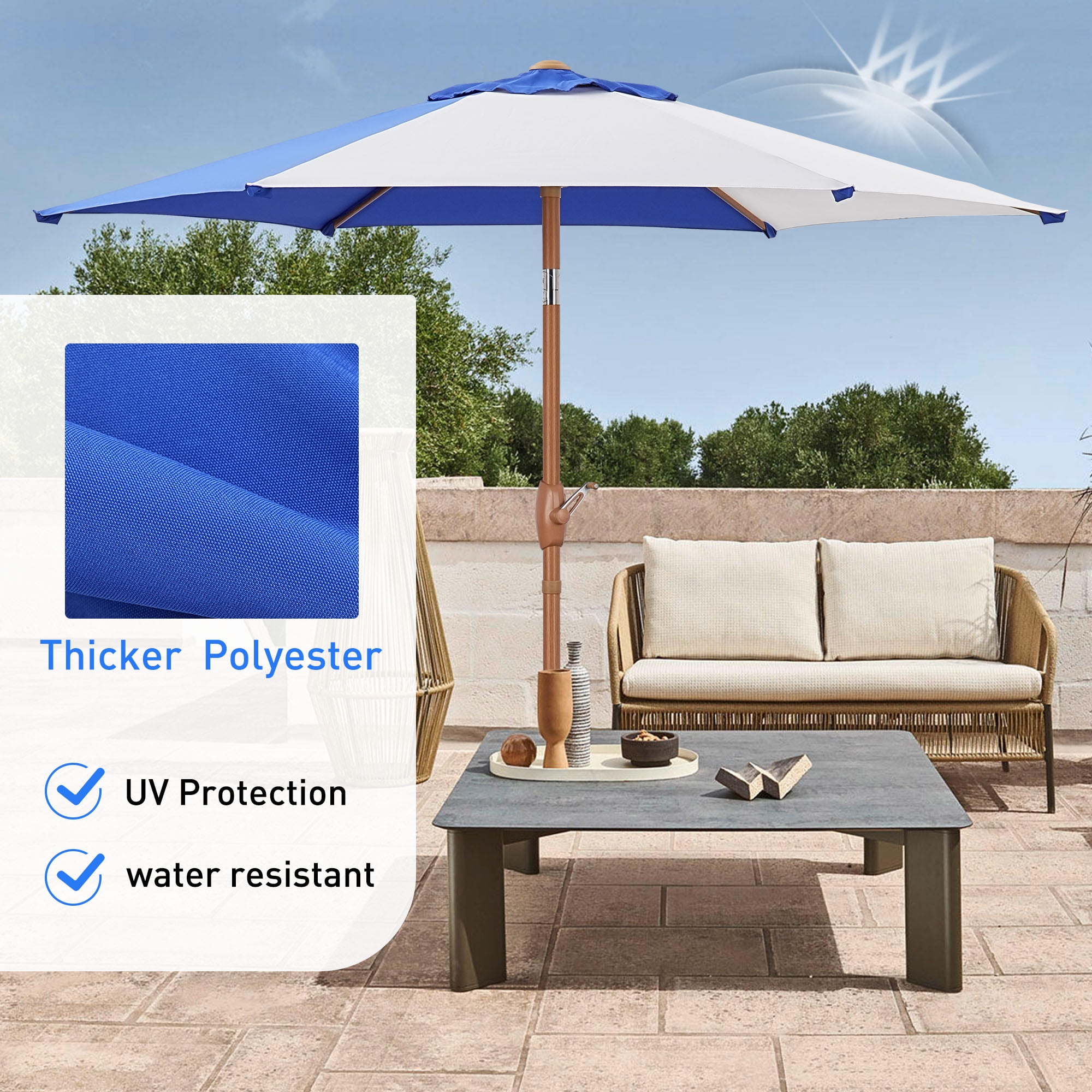Autlaycil 7.5ft Patio Umbrella and Button Tilt Sun Shelter UV Protection Beach for Market, Beach, Patio, Pool, Garden Backyard (Blue and White)