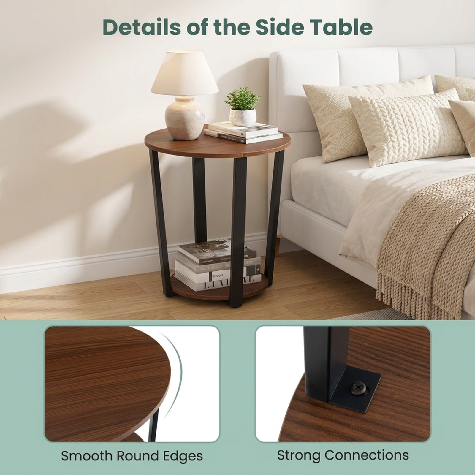 Furnibear Round End Table with Open Bottom Shelf and Reinforced Metal X Frame for Living Room Bedroom and Small Space Storage, Walnut